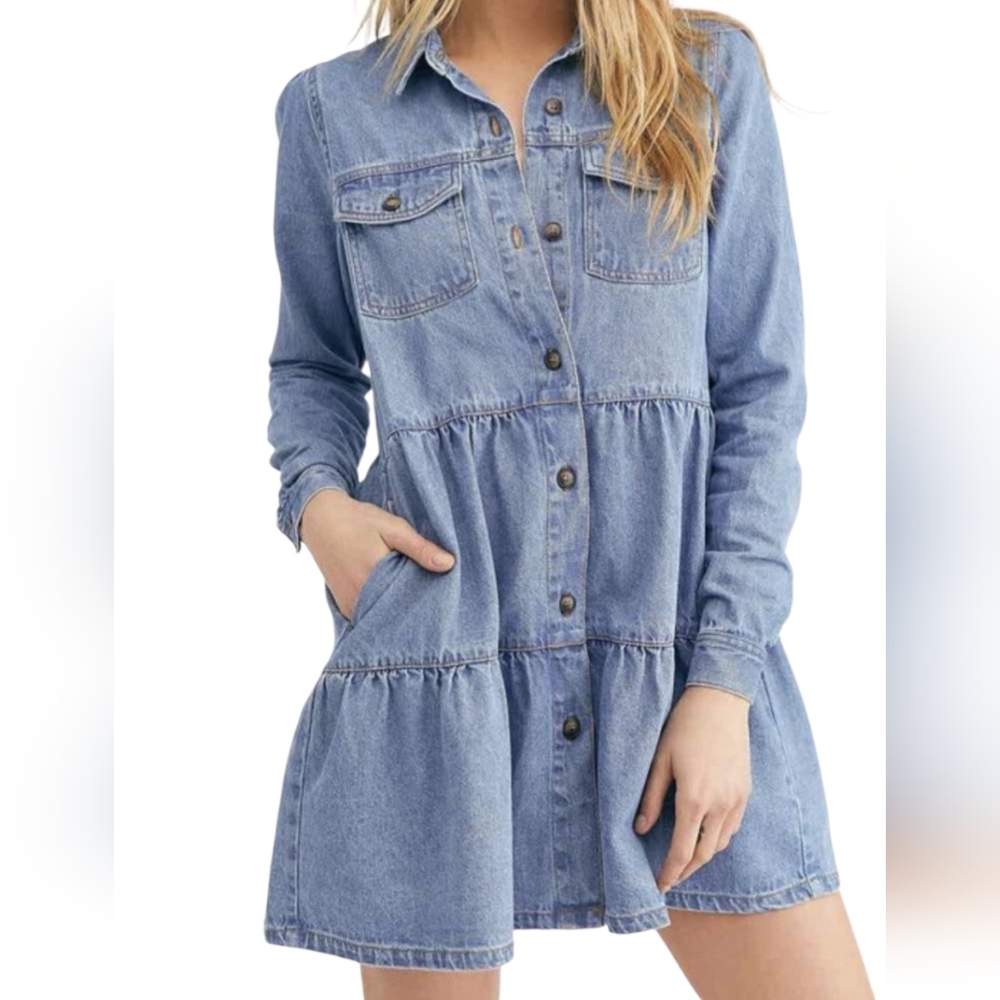 Free People Nicole Denim Shirt Dress Women's Large Blue Tiered Button Up Western - Picture 2 of 10
